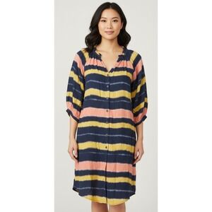 Plaid Tie Dye Button Front‎ Shirt Dress Coral Yellow Navy Size 4